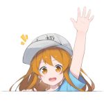  :d arm_up bangs blue_shirt blush brown_eyes character_name clothes_writing commentary fhang flat_cap grey_hat hat hataraku_saibou head_tilt light_brown_hair long_hair notice_lines open_mouth outstretched_arm platelet_(hataraku_saibou) round_teeth shirt short_sleeves smile solo teeth upper_teeth white_background 