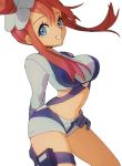  ankea_(a-ramo-do) arm_behind_back blue_eyes blue_gloves blue_shorts breasts cowboy_shot elbow_gloves fuuro_(pokemon) gloves grin gym_leader hair_bun highres large_breasts navel pokemon pokemon_(game) pokemon_bw red_hair short_hair shorts side_bun sidelocks simple_background smile solo teeth thigh_strap white_background 