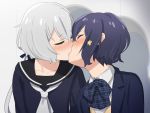  2girls aumann bangs black_sailor_collar blazer blue_bow blue_jacket blue_neckwear blue_shirt blush bow bowtie collared_shirt commentary_request eyebrows_visible_through_hair eyes_closed flower french_kiss hair_flower hair_ornament head_tilt jacket kiss konno_junko long_hair low_twintails mizuno_ai multiple_girls neckerchief nose_blush open_clothes open_jacket plaid plaid_bow plaid_neckwear profile sailor_collar shirt short_hair silver_hair twintails upper_body wall white_neckwear white_shirt wing_collar yuri zombie_land_saga 