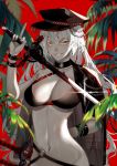 arm_behind_back bikini black_bikini black_nails breasts brown_eyes cape cleavage eyelashes fate/grand_order fate_(series) grin groin hat highres holding holding_sword holding_weapon jeanne_d'arc_(alter_swimsuit_berserker) jeanne_d'arc_(fate)_(all) katana long_hair looking_at_viewer middle_finger nail_polish navel pale_skin sheath sheathed shei99 smile swimsuit sword very_long_hair weapon white_hair 