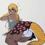  2018 anthro avante92 big_butt blue_eyes breasts butt clothed clothing digital_media_(artwork) exposed_breasts eyewear female glasses hi_res looking_back mammal nipples open_mouth pangolin side_boob simple_background skirt slightly_chubby solo upskirt 