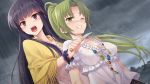  bangs blunt_bangs blush breasts cleavage clenched_teeth cloud cloudy_sky crying crying_with_eyes_open dress eyebrows_visible_through_hair furude_rika game_cg green_eyes green_hair grey_sky hand_on_another's_shoulder highres higurashi_no_naku_koro_ni hinamizawa_teiryuujo hostage knife long_dress long_hair md5_mismatch multiple_girls official_art older one_eye_closed open_mouth outdoors puffy_short_sleeves puffy_sleeves purple_eyes purple_hair rain scared short_sleeves sky sonozaki_mion spoilers sweatdrop tears teeth tomozo_kaoru 