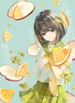  apple apple_slice bangs blue_background bob_cut bow brown_eyes brown_hair closed_mouth commentary_request fingernails fingers_together food fruit grapes green_sailor_collar green_skirt hands_up head_tilt highres looking_at_viewer naruse_chisato orange orange_slice original pleated_skirt puffy_short_sleeves puffy_sleeves red_apple sailor_collar school_uniform serafuku shirt short_hair short_sleeves skirt smile solo white_shirt yellow_bow 