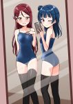  ;) bangs bare_arms bare_shoulders black_legwear blue_hair blue_swimsuit blush breasts brown_hair cellphone closed_mouth collarbone competition_school_swimsuit deadnooodles eyebrows_visible_through_hair fingernails hair_bun highres holding holding_cellphone holding_phone indoors love_live! love_live!_sunshine!! medium_breasts mirror multiple_girls nose_blush one-piece_swimsuit one_eye_closed parted_lips phone purple_eyes red_hair reflection sakurauchi_riko side_bun smile standing sweat swimsuit taking_picture thighhighs tsushima_yoshiko 