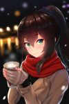  bangs black_hair blurry blurry_background blush breasts bright_pupils brown_coat brown_gloves chinese_commentary closed_mouth coat coffee_cup commentary_request cup damao_yu disposable_cup eyebrows_visible_through_hair fingerless_gloves fingernails gloves green_eyes hair_between_eyes hair_ornament hair_stick heart highres holding holding_cup long_hair long_sleeves looking_at_viewer medium_breasts nail_polish night open_clothes open_coat original outdoors pink_nails red_scarf scarf shiny shiny_hair sidelocks smile solo 