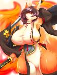  4_fingers anthro big_breasts black_nose blush breasts brown_hair canine clothing dual_wielding female fire fox full_bokko_heroes_x fur ginko0101 hair hi_res holding_object holding_weapon japanese_armor japanese_clothing kemono legwear looking_at_viewer mammal multicolored_fur nodachi ogigayatsu_sadamasa_(full_bokko_heroes_x) orange_fur portrait red_eyes shine solo tan_fur thick_thighs thigh_highs three-quarter_portrait two_tone_fur voluptuous weapon wide_hips 