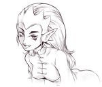  2018 butt clothed clothing cute_fangs female headdress humanoid monochrome nipple_bulge not_furry open_mouth open_smile plagueofgripes pointy_ears simple_background smile solo white_background wuya xiaolin_showdown 