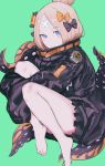  abigail_williams_(fate/grand_order) alternate_hairstyle bandaid_on_forehead bangs barefoot belt black_bow black_jacket blonde_hair blue_eyes bow commentary_request fate/grand_order fate_(series) feet forehead green_background hair_bow hair_bun heroic_spirit_traveling_outfit high_collar highres jacket knees_up legs long_hair long_legs long_sleeves looking_at_viewer orange_bow parted_bangs polka_dot polka_dot_bow simple_background sleeves_past_fingers sleeves_past_wrists solo suction_cups tentacles terepin_(terepin_ice) thighs 