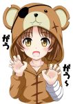  animal_costume bad_id bad_pixiv_id bandages bangs bear_costume boko_(girls_und_panzer) brown_eyes brown_hair claw_pose commentary_request eyebrows_visible_through_hair eyepatch flipper girls_und_panzer looking_at_viewer nishizumi_miho open_mouth pajamas scar short_hair simple_background smile solo standing upper_body white_background 