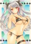  acrylic_paint_(medium) azur_lane bikini black_ribbon blush breasts brown_eyes closed_mouth eyebrows_visible_through_hair flag_print german_flag_bikini hair_ribbon large_breasts leg_garter long_hair mole mole_on_breast navel pom77 prinz_eugen_(azur_lane) ribbon side-tie_bikini silver_hair smile solo standing swimsuit traditional_media two_side_up 