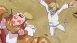  1boy 1girl breasts charlotte_pudding cleavage one_piece sanji screencap smile 