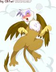  2018 3_toes anus avian blush brown_fur cold-blooded-twilight eyelashes feathers female feral friendship_is_magic fur gilda_(mlp) gryphon looking_at_viewer lying my_little_pony on_back pussy saliva solo toes tongue tongue_out white_feathers yellow_eyes 