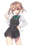  :d belt blush bow bowtie cowboy_shot double_bun dress eyebrows_visible_through_hair green_neckwear hair_between_eyes hand_on_hip hand_up kantai_collection light_brown_eyes light_brown_hair long_sleeves looking_at_viewer michishio_(kantai_collection) open_mouth pinafore_dress remodel_(kantai_collection) school_uniform short_dress signature simple_background smile solo twintails v-shaped_eyebrows waving white_background zhi_zhi/zu_zu 