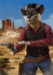  2017 anthro belt canine clothed clothing cloud cowboy_hat digital_media_(artwork) dog fully_clothed grin gun handgun hat heterochromia husky jeans mammal outside pants pistol ranged_weapon sky smile solo teeth trunorth weapon 