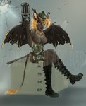  2018 ammunition anthro assault_rifle at_viewer bat big_breasts black_skin boots breasts brown_fur camo cannon claws clothed clothing corset dark digital_media_(artwork) eyelashes fantasy featureless_breasts female footwear fur gun gunner hair handgun hat heavy_boots hi_res holding_object holding_weapon legwear lingerie looking_at_viewer mammal mdwines military nude open_mouth orange_hair piercing ranged_weapon red_eyes red_hair rifle simple_background sitting smile soldier solo spots steampunk teeth tongue tongue_out video_games weapon wings 