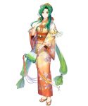  bangs closed_mouth elincia_ridell_crimea fan fire_emblem fire_emblem:_akatsuki_no_megami fire_emblem_heroes floral_print full_body green_hair hair_ornament hand_on_own_chest highres holding holding_fan japanese_clothes kimono long_hair looking_at_viewer mayachise non-web_source obi official_art sandals sash shiny shiny_hair sidelocks solo standing transparent_background wide_sleeves yellow_eyes yukata 