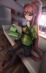  3d_background absurdres black_legwear black_skirt brown_hair commentary commission cosplay cup doki_doki_literature_club english_commentary eyebrows_visible_through_hair full_body green_eyes green_jacket hair_ribbon highres indoors jacket lens_flare long_hair monika_(doki_doki_literature_club) no_shoes persona persona_4 pillow pleated_skirt ponytail ribbon satonaka_chie satonaka_chie_(cosplay) sitting skirt solo steam thighhighs tsukimaru very_long_hair 