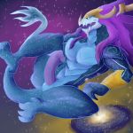  animal_genitalia animal_penis anthro aurelion_sol_(lol) blue_scales daikuhiroshiama dragon galaxy hair horn league_of_legends male muscular open_mouth penis presenting purple_hair reptile riot_games scales scalie solo space spread_legs spreading video_games 