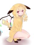  bare_legs black_footwear blonde_hair commentary cosplay crossover flandre_scarlet gen_1_pokemon highres hood hood_up hoodie looking_at_viewer open_mouth pikachu pikachu_(cosplay) pikachu_costume pikachu_hood pikachu_tail pokemon red_eyes squatting tail tosakaoil touhou wings yellow_hoodie yellow_legwear 