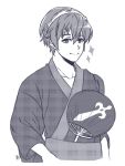  fan fire_emblem fire_emblem:_monshou_no_nazo fire_emblem_heroes greyscale japanese_clothes kimono looking_at_viewer maji_(majibomber) male_focus marth monochrome short_hair simple_background smile solo tiara white_background yukata 