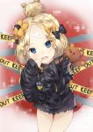 abigail_williams_(fate/grand_order) alternate_hairstyle bandaid_on_forehead bangs belt black_bow black_jacket blonde_hair blue_eyes blush bow caution_tape cheek_pull commentary_request fang fate/grand_order fate_(series) finger_in_mouth forehead hair_bow hair_bun heroic_spirit_traveling_outfit high_collar highres hips holding holding_stuffed_animal jacket keep_out kkumon long_hair long_sleeves looking_at_viewer open_mouth orange_bow parted_bangs polka_dot polka_dot_bow sleeves_past_fingers sleeves_past_wrists solo stuffed_animal stuffed_toy teddy_bear thighs 