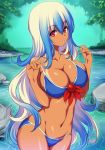  bangs bare_arms bare_shoulders bikini blue_bikini blue_hair breasts cleavage collarbone commentary_request cowboy_shot eyebrows_visible_through_hair gradient_hair groin hair_between_eyes hands_up hijikawa_arashi kamishirasawa_keine large_breasts long_hair looking_at_viewer multicolored_hair navel no_hat no_headwear parted_lips red_eyes rock shiny shiny_skin sidelocks silver_hair solo standing stomach strap_pull streaked_hair swimsuit tan tanline thighs touhou tree very_long_hair water wavy_hair 