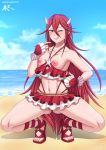  10s 1girl 2018 akazai areolae beach bikini breasts feet fire_emblem fire_emblem:_kakusei frilled_swimsuit frills hair_between_eyes hair_ornament hair_wings long_hair nipples one_eye_closed red_bikini red_swimsuit sand shiny shiny_hair shiny_skin smile squatting swimsuit thighs tiamo toes tongue tongue_out very_long_hair water wink 