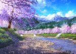  bridge cherry_blossoms cloud day highres mount_fuji niko_p no_humans original outdoors scenery signature sky stairs tree volcano 