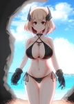  1girl alternate_costume ass_visible_through_thighs azur_lane beach bikini black_bikini blonde_hair blue_sky breasts brown_eyes cleavage cloud cloudy_sky commentary_request cowboy_shot day eyebrows_visible_through_hair groin halterneck highres iron_cross large_breasts looking_at_viewer mechanical_hands multicolored_hair navel ocean outdoors red_hair roon_(azur_lane) sand short_hair side-tie_bikini sky smile solo stomach swimsuit thigh_gap two-tone_hair wet 