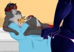  2018 anthro bed bed_sheet bedding bedroom breasts butt canine cat censored clothing digital_media_(artwork) dog duo ember_black feline female fur hair inside lying mammal nude on_bed panther pillow ruby-kila simple_background smile thong wolf 