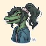  abigail(elle2) alligator clothed clothing crocodile crocodilian female green_hair green_skin hair jalle looking_at_viewer open_mouth ponytail reptile scalie signature simple_background smile solo watermark 