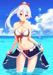  alternate_costume bare_shoulders bikini bow breasts cloud cloudy_sky collarbone contemporary criss-cross_halter day fate/grand_order fate_(series) hair_between_eyes halterneck headband highres kuroshiro_(ms-2420) long_hair looking_at_viewer medium_breasts ponytail red_bow red_eyes sarong sarong_lift silver_hair sky smile solo standing stomach swimsuit tomoe_gozen_(fate/grand_order) translation_request very_long_hair wading water wet wet_clothes white_bikini 