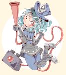  alternate_costume black_footwear black_gloves blue_hair boots english gloves goggles goggles_on_head hat highres keikou_ryuudou leggings midair one_eye_closed red_eyes shoe_soles skirt tatara_kogasa tongue tongue_out touhou 