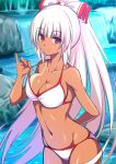 arm_behind_back bangs bare_arms bare_shoulders bikini bikini_tan blunt_bangs blurry blurry_background bow breasts cleavage collarbone commentary_request cowboy_shot dark_skin eyebrows_visible_through_hair fujiwara_no_mokou groin hair_bow hand_up hijikawa_arashi large_breasts long_hair long_ponytail looking_at_viewer navel pinky_out red_eyes rock shiny shiny_skin sidelocks silver_hair sketch smile solo standing stomach strap_pull swimsuit tan tanline thighs touhou very_long_hair water waterfall white_bikini white_bow 
