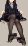  beige_background black_hair black_legwear blazer blue_shirt breasts cleavage feet head_out_of_frame highres jacket lifted_by_self long_hair lucky_keai no_shoes original pantyhose shirt simple_background sitting skirt skirt_lift smile soles solo thighband_pantyhose toes 