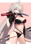  ahoge bikini black_bikini black_gloves black_jacket blush breasts choker cleavage commentary_request contrapposto cowboy_shot cropped_jacket eyebrows_visible_through_hair fate/grand_order fate_(series) gloves grey_hair halterneck highres holding holding_sword holding_weapon jacket jeanne_d'arc_(alter_swimsuit_berserker) jeanne_d'arc_(fate)_(all) katana kodama_(wa-ka-me) large_breasts light_brown_eyes long_hair looking_at_viewer navel o-ring o-ring_bikini o-ring_bottom o-ring_top open_mouth over_shoulder short_sleeves shrug_(clothing) silver_hair simple_background solo standing swimsuit sword sword_over_shoulder teeth two-tone_background very_long_hair weapon weapon_over_shoulder yellow_eyes 