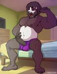  2018 4_toes 5_fingers afro anthro bear beard bedding biceps black_fur black_penis briefs chest_tuft clothed clothing erection eyes_closed facial_hair fur humanoid_penis kihu male mammal morning_wood muscular muscular_male mustache navel nipples open_mouth panda pecs penis penis_through_fly poking_out purple_underwear sitting solo television toes topless tuft uncut underwear white_fur yawn 
