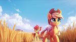  2018 apple_bloom_(mlp) applejack_(mlp) blonde_hair cloud cutie_mark detailed_background duo earth_pony equine female feral friendship_is_magic hair hair_bow hair_ribbon hat hi_res horse inowiseei mammal my_little_pony outside pony ribbons sibling sisters smile young 