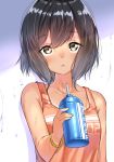  bangle bangs bare_arms bare_shoulders bottle bracelet breasts brown_eyes brown_hair brown_tank_top collarbone commentary_request dark_skin eyebrows_visible_through_hair fingernails hair_between_eyes hand_up highres holding holding_bottle jewelry original parted_lips small_breasts solo sweat tank_top water_bottle yuki_arare 
