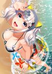  ass bare_shoulders beach bikini blue_eyes breasts cleavage collarbone eyebrows_visible_through_hair highres innertube kaguya_luna kaguya_luna_(character) large_breasts long_hair looking_at_viewer looking_up nail_polish open_mouth sandals silver_hair smile solo standing sugaishi swimsuit thighs twintails water 
