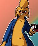  anthro canine cigarette clothing deep_navel dog fur jacket labradoodle looking_at_viewer male mammal navel pompadour pomps pompsadoodle school_uniform simple_background slightly_chubby solo uniform yellow_fur 