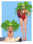  1girl :o absurdres bare_legs bare_shoulders barefoot breasts casual_one-piece_swimsuit choker cleavage commentary cpr crying english_commentary eyebrows_visible_through_hair full_body girls_frontline green_hair hand_on_hip highres kneeling lifeguard long_hair long_legs m950a_(girls_frontline) medium_breasts one-piece_swimsuit one-piece_tan red_swimsuit romana simple_background solo_focus standing swimsuit tan tanline twintails wavy_hair whistle whistle_around_neck yellow_eyes 