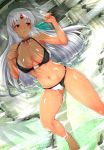  ass_visible_through_thighs azur_lane bare_shoulders barefoot bikini blush breasts cameltoe choker cleavage collarbone eyebrows_visible_through_hair facial_mark forehead_mark highres large_breasts long_hair lying massachusetts_(azur_lane) native_american nonoririn on_back silver_hair solo swimsuit tan tanline wet 