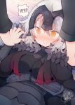  !!? !? 1boy 1girl :&gt; ahoge armor armored_dress bangs beni_shake black_armor black_cape black_clothes black_gloves blush breasts cape dated erect_nipples eyebrows_visible_through_hair fate/grand_order fate_(series) flustered fur_trim gauntlets gloves hand_on_own_stomach headpiece interlocked_fingers jeanne_d&#039;arc_(alter)_(fate) jeanne_d&#039;arc_(fate)_(all) out_of_frame pushing_down short_hair signature spoken_interrobang swirl torn_cape white_hair yellow_eyes 