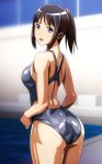  :d ass back back_cutout black_hair black_swimsuit blurry breasts competition_swimsuit cowboy_shot crotch_seam depth_of_field from_behind highres looking_at_viewer looking_back medium_breasts monteriakitto one-piece_swimsuit open_mouth original ponytail pool poolside purple_eyes shiny shiny_clothes shiny_skin shoulder_blades sidelocks smile solo swimsuit water 