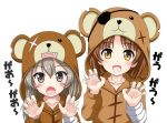  animal_costume bandages bangs bear_costume black_ribbon boko_(girls_und_panzer) brown_eyes brown_hair claw_pose commentary_request eyebrows_visible_through_hair eyepatch fang flipper girls_und_panzer hair_ribbon light_brown_hair long_hair looking_at_viewer multiple_girls nishizumi_miho open_mouth pajamas ribbon scar scar_across_eye shimada_arisu short_hair simple_background smile standing stuffed_animal stuffed_toy teddy_bear translated upper_body white_background 