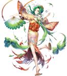  bangs elincia_ridell_crimea fan fang fire_emblem fire_emblem:_akatsuki_no_megami fire_emblem_heroes floral_print full_body green_hair hair_ornament highres holding holding_fan japanese_clothes kimono leg_up long_hair looking_at_viewer looking_back mayachise non-web_source obi official_art open_mouth sandals sash shiny shiny_hair sidelocks solo torn_clothes transparent_background wide_sleeves yellow_eyes yukata 