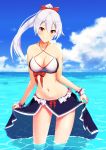  alternate_costume bare_shoulders bikini bow breasts cloud cloudy_sky collarbone commentary_request contemporary criss-cross_halter day fate/grand_order fate_(series) hair_between_eyes halterneck headband highres kuroshiro_(ms-2420) long_hair looking_at_viewer medium_breasts ponytail red_bow red_eyes sarong sarong_lift silver_hair skirt skirt_lift sky smile solo standing stomach swimsuit tomoe_gozen_(fate/grand_order) very_long_hair wading water wet wet_clothes white_bikini 
