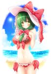  adapted_costume ass_visible_through_thighs beach bikini blue_sky blush breasts cloud commentary_request day frilled_bikini frilled_ribbon frills front_ponytail green_eyes green_hair hands_on_own_chest hat hat_ribbon highres kagiyama_hina large_breasts long_hair looking_at_viewer navel osashin_(osada) outdoors red_bikini ribbon sky solo sun_hat swimsuit thigh_gap touhou water 
