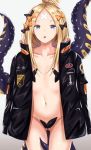  abigail_williams_(fate/grand_order) alternate_hairstyle ass_visible_through_thighs bad_id bad_pixiv_id bandaid_on_forehead bangs belt black_bow black_jacket blonde_hair blue_eyes blush bow breasts collarbone commentary_request farys_(afopahqfw) fate/grand_order fate_(series) forehead hair_bow hair_bun heroic_spirit_traveling_outfit high_collar highres jacket long_hair looking_at_viewer naked_coat navel open_clothes open_jacket orange_bow parted_bangs pasties polka_dot polka_dot_bow sleeves_past_fingers sleeves_past_wrists small_breasts solo tentacles thighs 